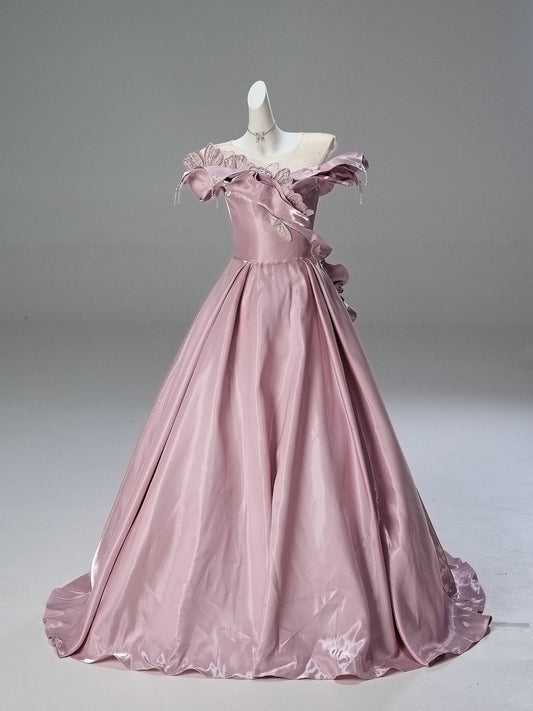 Princess Style Ball Gown Off The Shoulder Pink Satin With Beading Long 15 Quinceanera Dresses Photo Ideas Formal Outfit RB5514