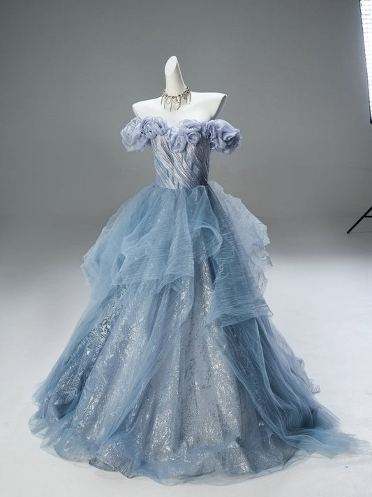 Princess Style Ball Gown Off The Shoulder Dusty Blue Tulle With Ruffled Long 15 Quinceanera Dresses Photo Ideas Formal Outfit RB5516