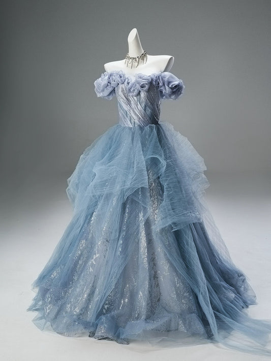 Princess Style Ball Gown Off The Shoulder Dusty Blue Tulle With Ruffled Long 15 Quinceanera Dresses Photo Ideas Formal Outfit RB5516