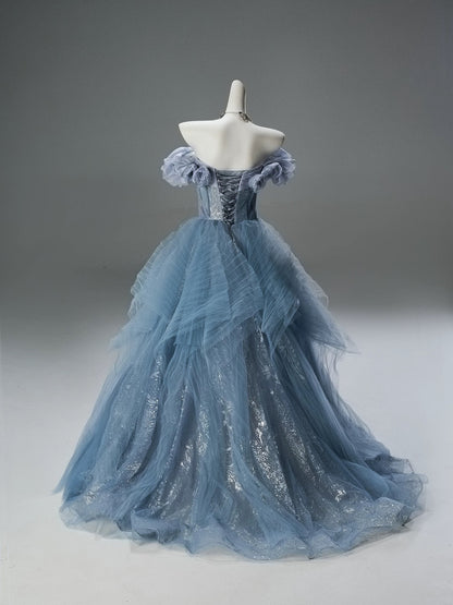 Princess Style Ball Gown Off The Shoulder Dusty Blue Tulle With Ruffled Long 15 Quinceanera Dresses Photo Ideas Formal Outfit RB5516
