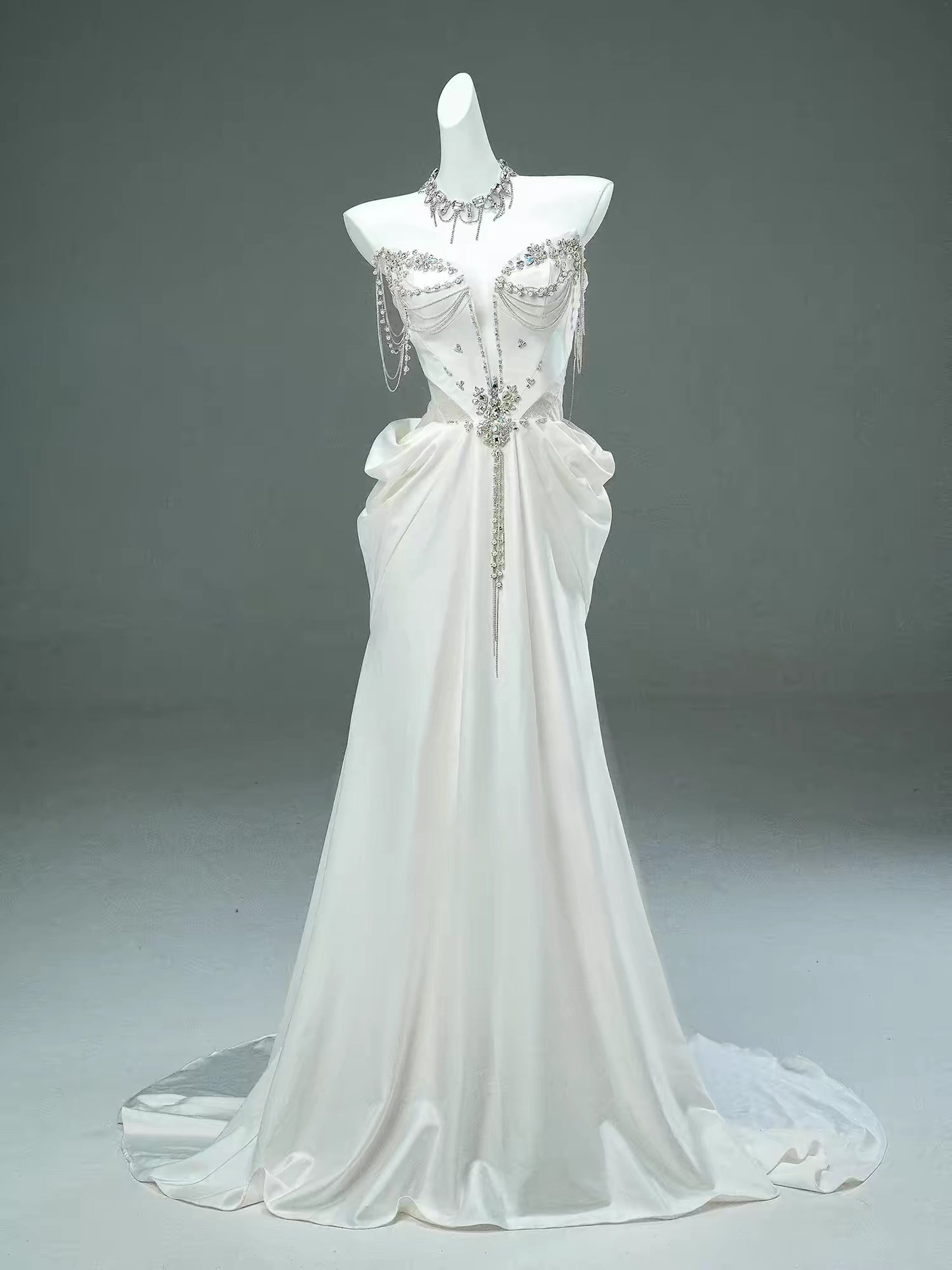 Modest Mermaid Sweetheart White With Train White Satin Brides Gown Bridal Dress Long Wedding Dresses RB5528
