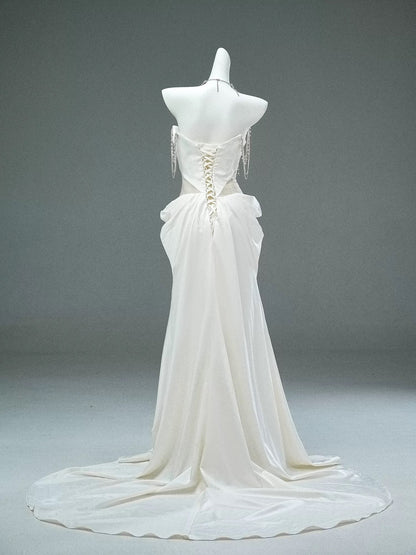 Modest Mermaid Sweetheart White With Train White Satin Brides Gown Bridal Dress Long Wedding Dresses RB5528