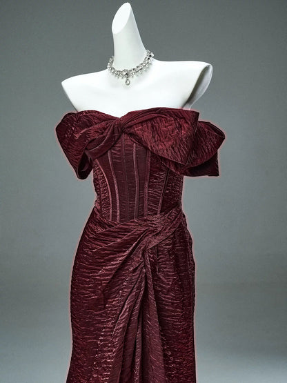 Elegant Mermaid Off The Shoulder Burgundy With Sleeves Date Night Outfits Semi Formal Prom Gown Evening Dresses RB5529