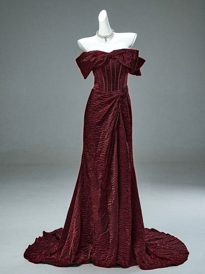 Elegant Mermaid Off The Shoulder Burgundy With Sleeves Date Night Outfits Semi Formal Prom Gown Evening Dresses RB5529