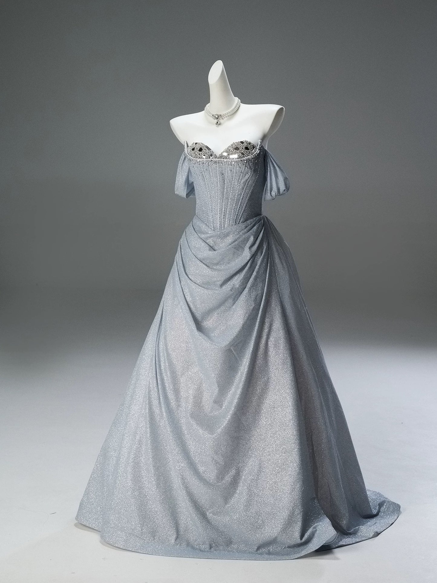 Elegant Ball Gown Off The Shoulder Silver With Sleeves Date Night Outfits Semi Formal Prom Gown Evening Dresses RB5530