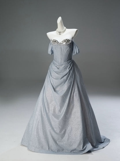 Elegant Ball Gown Off The Shoulder Silver With Sleeves Date Night Outfits Semi Formal Prom Gown Evening Dresses RB5530