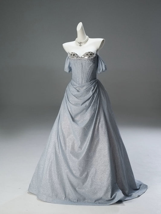 Elegant Ball Gown Off The Shoulder Silver With Sleeves Date Night Outfits Semi Formal Prom Gown Evening Dresses RB5530