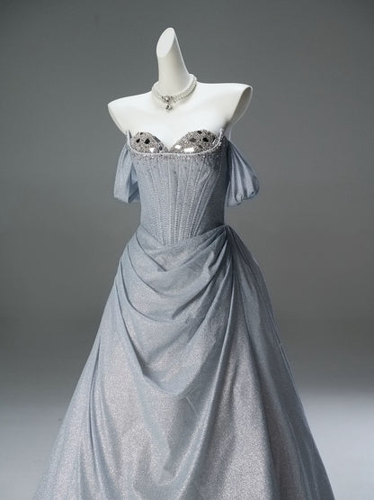 Elegant Ball Gown Off The Shoulder Silver With Sleeves Date Night Outfits Semi Formal Prom Gown Evening Dresses RB5530