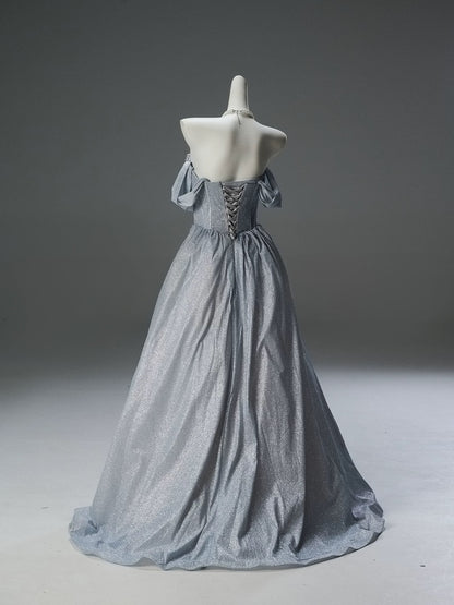 Elegant Ball Gown Off The Shoulder Silver With Sleeves Date Night Outfits Semi Formal Prom Gown Evening Dresses RB5530