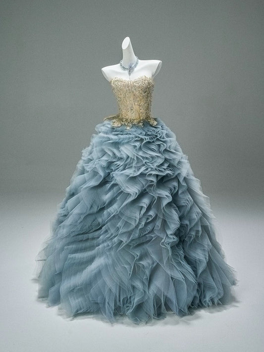Princess Style Ball Gown Sweetheart Dusty Blue Tulle With Gold Lace Long 15 Quinceanera Dresses Photo Ideas Formal Outfit RB5517