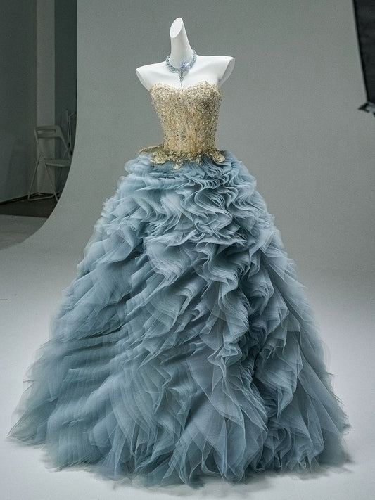 Princess Style Ball Gown Sweetheart Dusty Blue Tulle With Gold Lace Long 15 Quinceanera Dresses Photo Ideas Formal Outfit RB5517