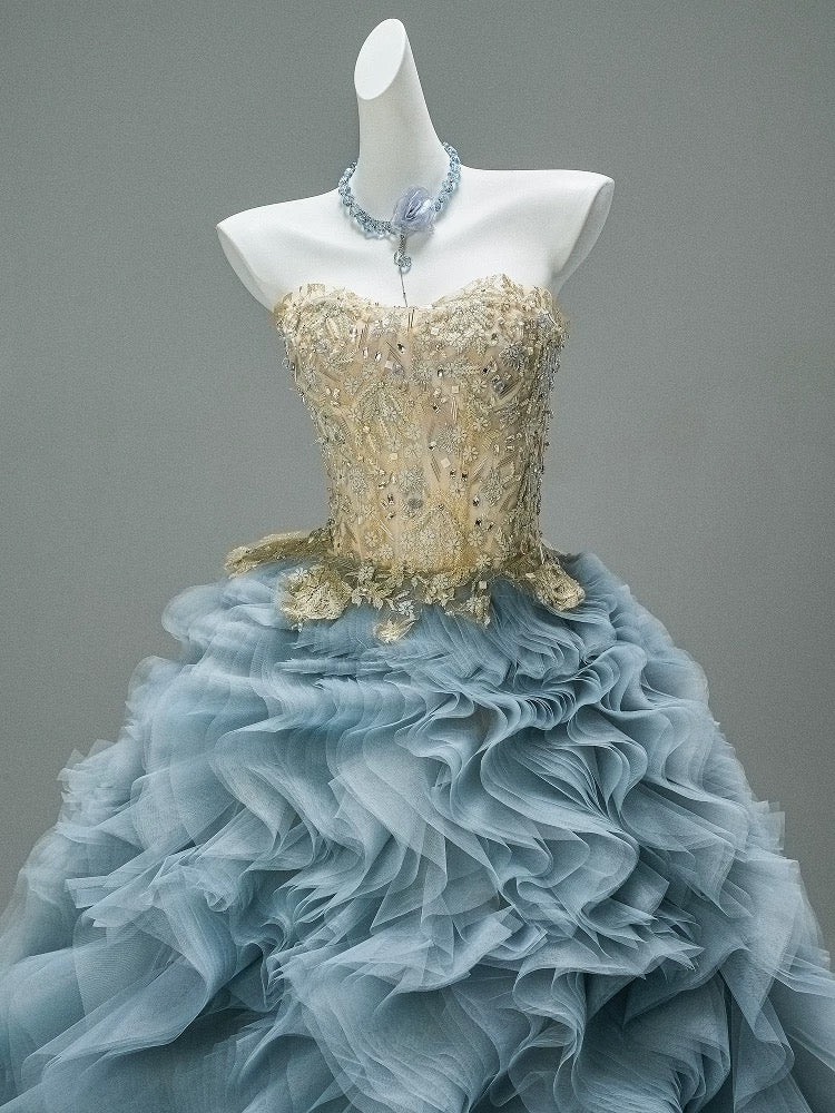 Princess Style Ball Gown Sweetheart Dusty Blue Tulle With Gold Lace Long 15 Quinceanera Dresses Photo Ideas Formal Outfit RB5517