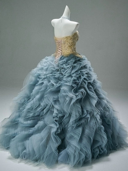 Princess Style Ball Gown Sweetheart Dusty Blue Tulle With Gold Lace Long 15 Quinceanera Dresses Photo Ideas Formal Outfit RB5517