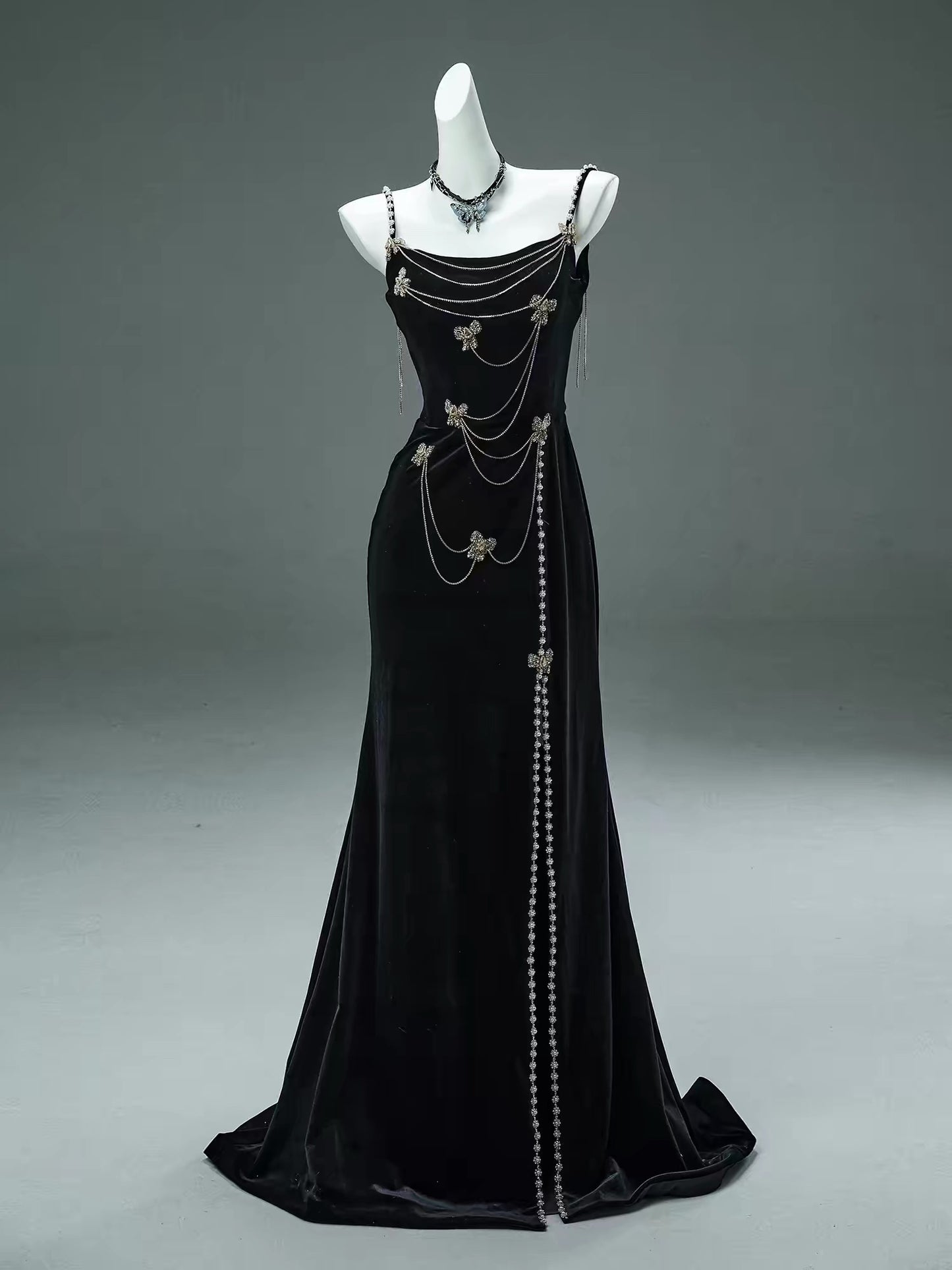 Elegant Mermaid Spaghetti Strap Black Velvet With Beaded Date Night Outfits Semi Formal Prom Gown Evening Dresses RB5531