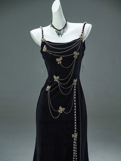 Elegant Mermaid Spaghetti Strap Black Velvet With Beaded Date Night Outfits Semi Formal Prom Gown Evening Dresses RB5531