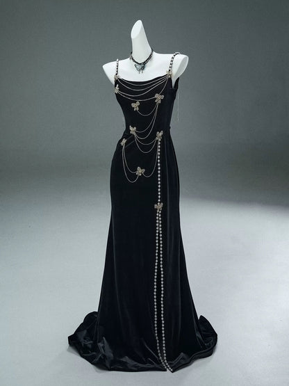 Elegant Mermaid Spaghetti Strap Black Velvet With Beaded Date Night Outfits Semi Formal Prom Gown Evening Dresses RB5531