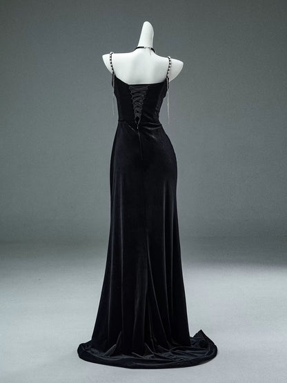 Elegant Mermaid Spaghetti Strap Black Velvet With Beaded Date Night Outfits Semi Formal Prom Gown Evening Dresses RB5531
