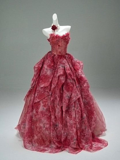 Princess Style Ball Gown Sweetheart Pink Floral With Flowers Long 15 Quinceanera Dresses Photo Ideas Formal Outfit RB5518