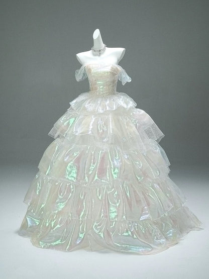 Princess Style Ball Gown Off The Shoulder White Organza Long 15 Quinceanera Dresses Photo Ideas Formal Outfit RB5520