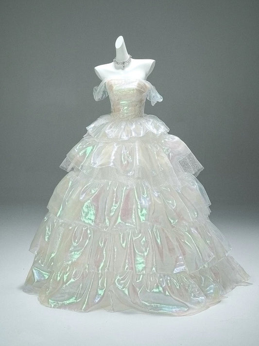 Princess Style Ball Gown Off The Shoulder White Organza Long 15 Quinceanera Dresses Photo Ideas Formal Outfit RB5520