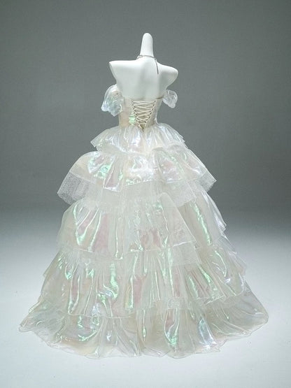 Princess Style Ball Gown Off The Shoulder White Organza Long 15 Quinceanera Dresses Photo Ideas Formal Outfit RB5520