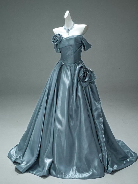 Princess Style Ball Gown Off The Shoulder Dusty Blue Satin Long 15 Quinceanera Dresses Photo Ideas Formal Outfit RB5521