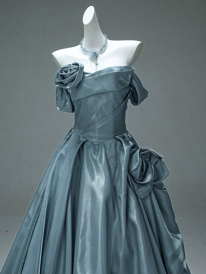 Princess Style Ball Gown Off The Shoulder Dusty Blue Satin Long 15 Quinceanera Dresses Photo Ideas Formal Outfit RB5521