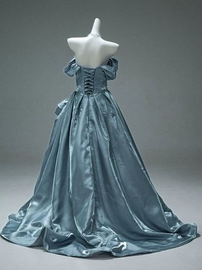 Princess Style Ball Gown Off The Shoulder Dusty Blue Satin Long 15 Quinceanera Dresses Photo Ideas Formal Outfit RB5521