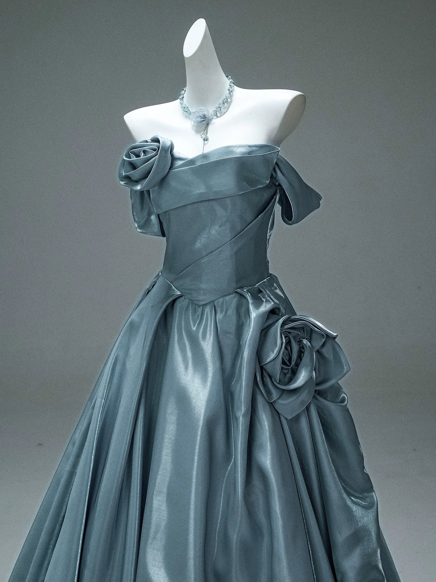 Princess Style Ball Gown Off The Shoulder Dusty Blue Satin Long 15 Quinceanera Dresses Photo Ideas Formal Outfit RB5521