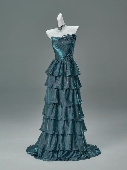 Elegant A line Strapless With Tiered Layers Date Night Outfits Semi Formal Prom Gown Evening Dresses RB5535