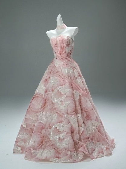 Beautiful Ball Gown Strapless Tulle Pink With Flower Long Quinceanera Dresses Sweet 15 Dress Formal Outfits RB5537