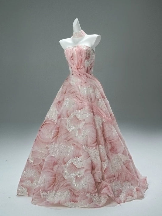 Beautiful Ball Gown Strapless Tulle Pink With Flower Long Quinceanera Dresses Sweet 15 Dress Formal Outfits RB5537