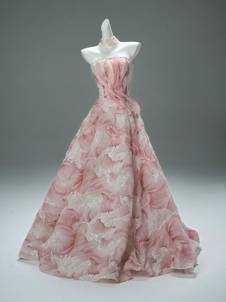 Beautiful Ball Gown Strapless Tulle Pink With Flower Long Quinceanera Dresses Sweet 15 Dress Formal Outfits RB5537