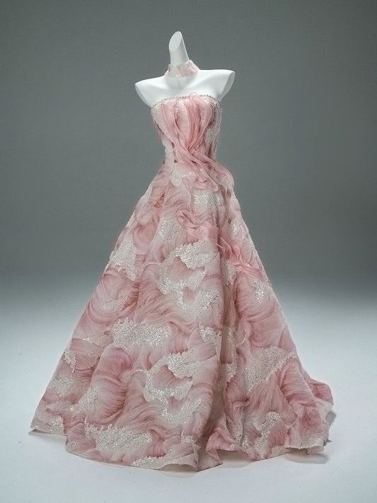 Beautiful Ball Gown Strapless Tulle Pink With Flower Long Quinceanera Dresses Sweet 15 Dress Formal Outfits RB5537