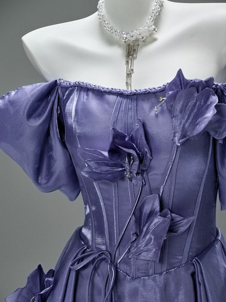 Elegant Ball Gown Off The Shoulder Purple Satin Date Night Outfits Semi Formal Prom Gown Evening Dresses RB5538