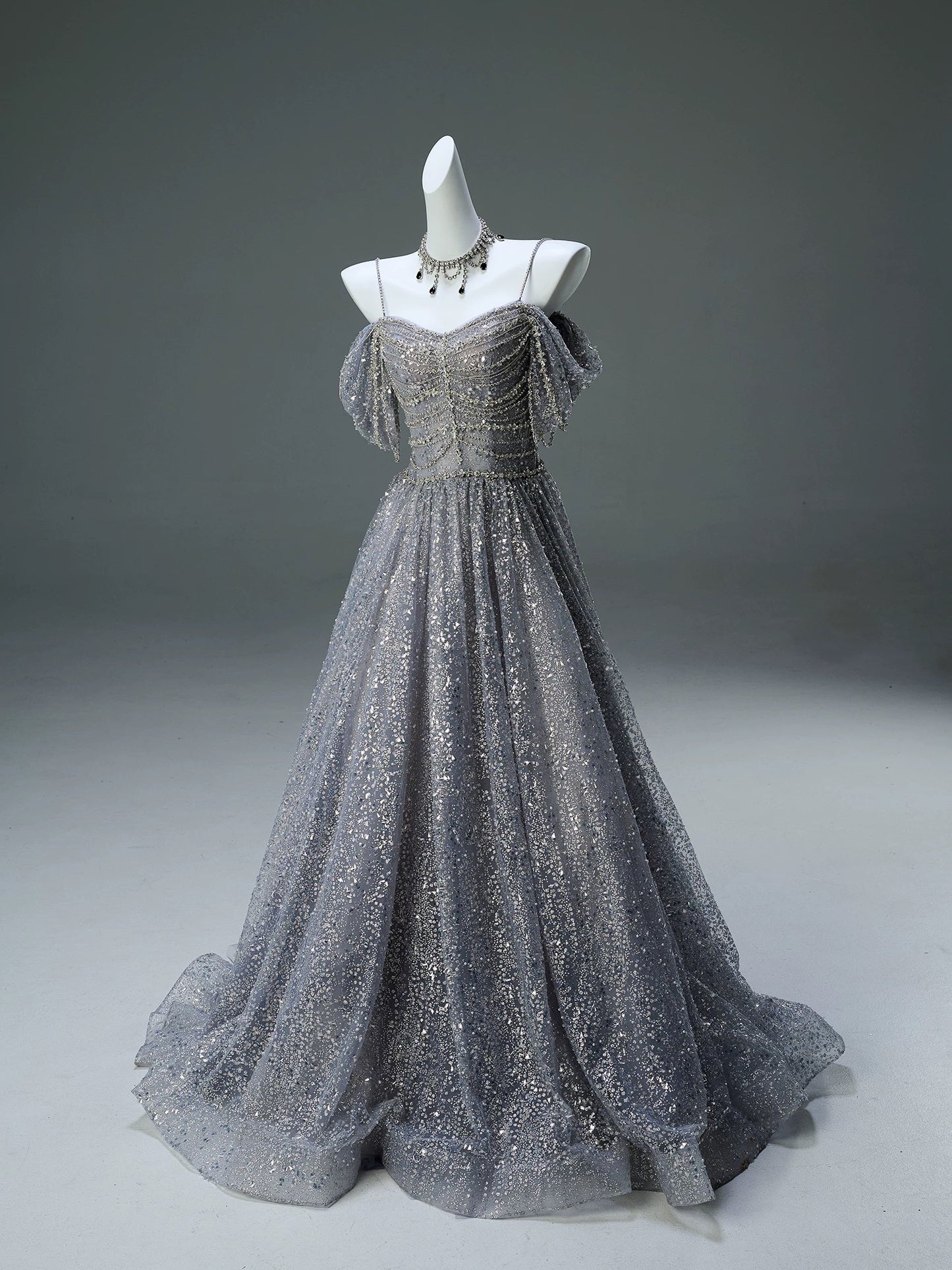Sparkly Ball Gown Off The Shoulder Silver Gray Sequin Long 15 Quinceanera Dresses Photo Ideas Formal Outfit RB5526