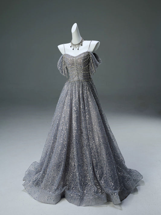 Sparkly Ball Gown Off The Shoulder Silver Gray Sequin Long 15 Quinceanera Dresses Photo Ideas Formal Outfit RB5526