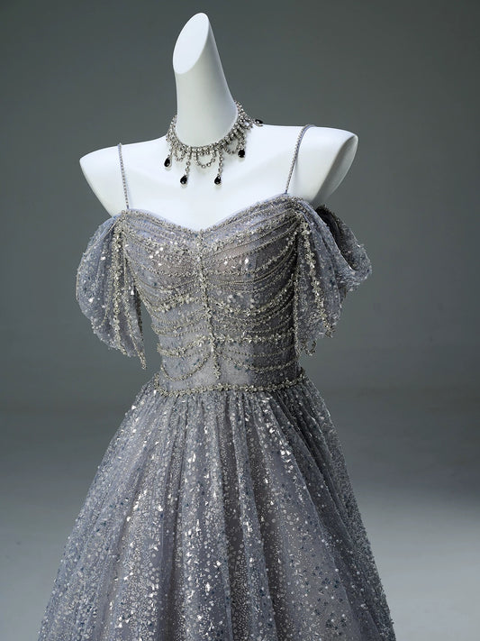Sparkly Ball Gown Off The Shoulder Silver Gray Sequin Long 15 Quinceanera Dresses Photo Ideas Formal Outfit RB5526