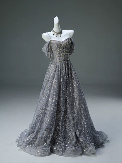 Sparkly Ball Gown Off The Shoulder Silver Gray Sequin Long 15 Quinceanera Dresses Photo Ideas Formal Outfit RB5526