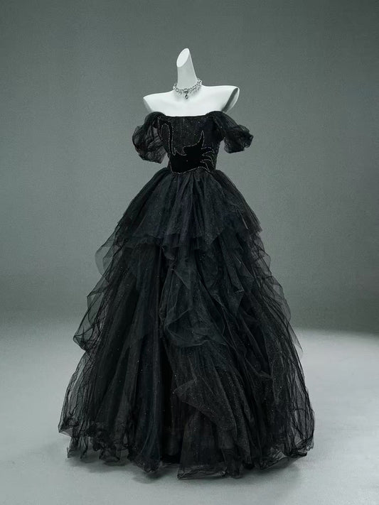 Princess Style Ball Gown Off The Shoulder Black Tulle Long 15 Quinceanera Dresses Photo Ideas Formal Outfit RB5525