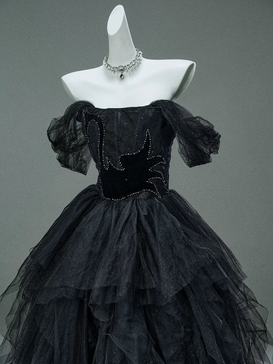 Princess Style Ball Gown Off The Shoulder Black Tulle Long 15 Quinceanera Dresses Photo Ideas Formal Outfit RB5525