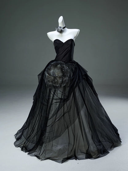 Beautiful Ball Gown Sweetheart Tulle Black With Flower Long Quinceanera Dresses Sweet 15 Dress Formal Outfits RB5524