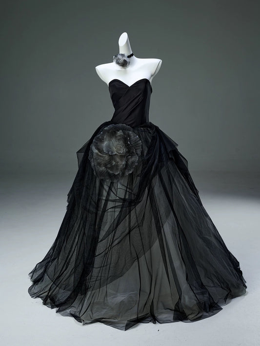 Beautiful Ball Gown Sweetheart Tulle Black With Flower Long Quinceanera Dresses Sweet 15 Dress Formal Outfits RB5524