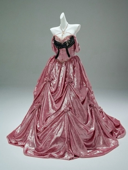 Princess Style Ball Gown Off The Shoulder Pink Satin Long 15 Quinceanera Dresses Photo Ideas Formal Outfit RB5523