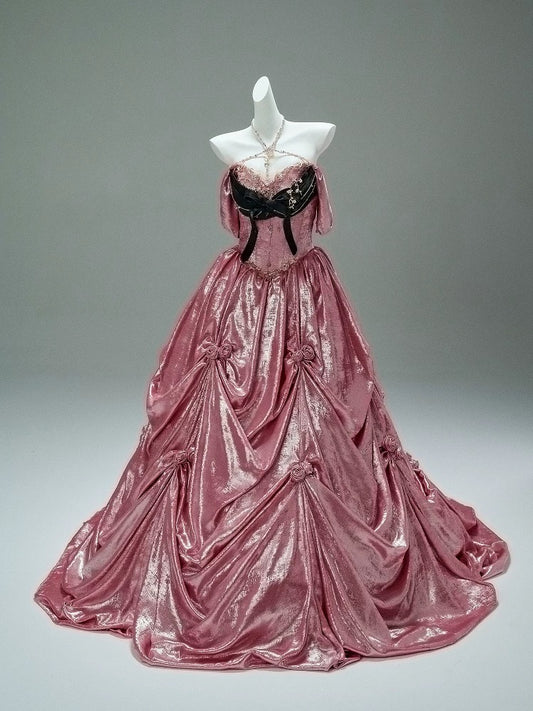 Princess Style Ball Gown Off The Shoulder Pink Satin Long 15 Quinceanera Dresses Photo Ideas Formal Outfit RB5523