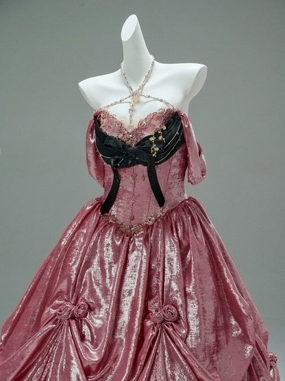 Princess Style Ball Gown Off The Shoulder Pink Satin Long 15 Quinceanera Dresses Photo Ideas Formal Outfit RB5523
