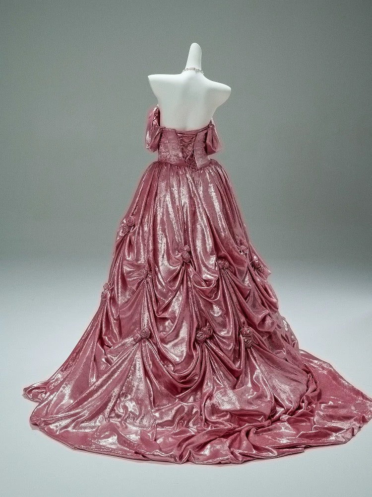 Princess Style Ball Gown Off The Shoulder Pink Satin Long 15 Quinceanera Dresses Photo Ideas Formal Outfit RB5523