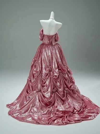 Princess Style Ball Gown Off The Shoulder Pink Satin Long 15 Quinceanera Dresses Photo Ideas Formal Outfit RB5523