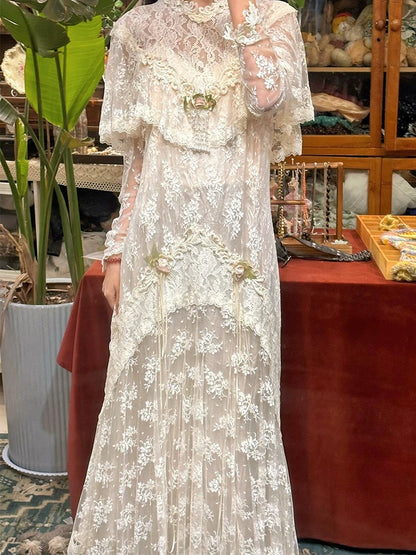 Robes de mariée vintage ligne A col haut avec manches longue robe de mariée d'été pour jardin N4115