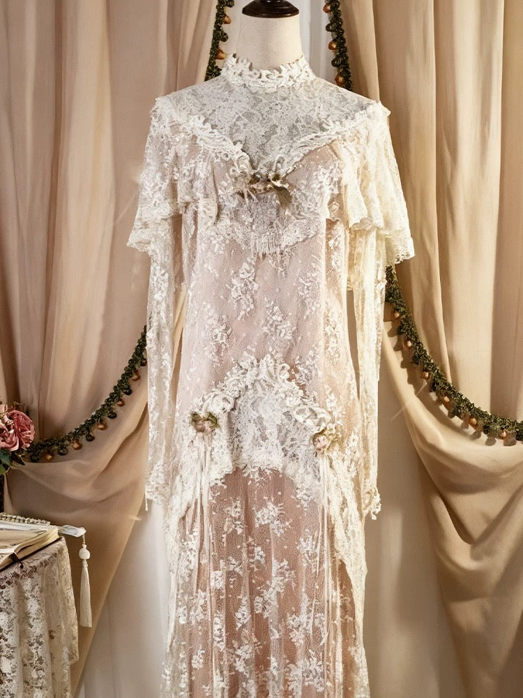 Robes de mariée vintage ligne A col haut avec manches longue robe de mariée d'été pour jardin N4115